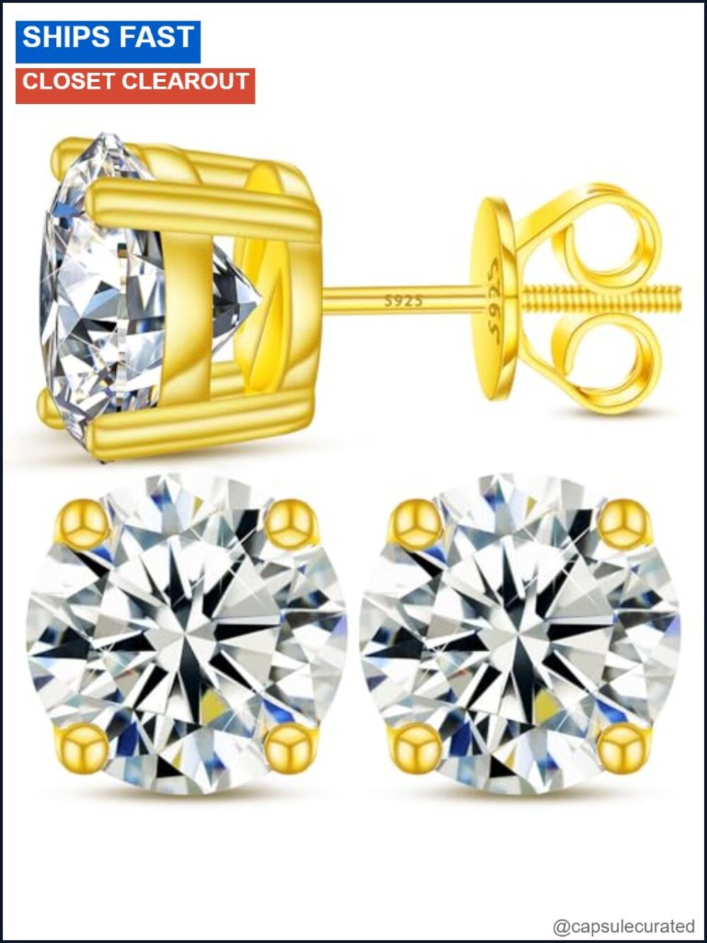 Moissanite Stud Earrings Screw Back 925 Sterling Silver 18k Gold Plated